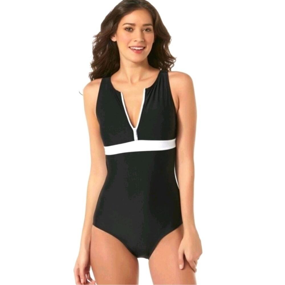 Everlast One Piece Swimsuit with Exposed Front Zipper Black & White Size 12